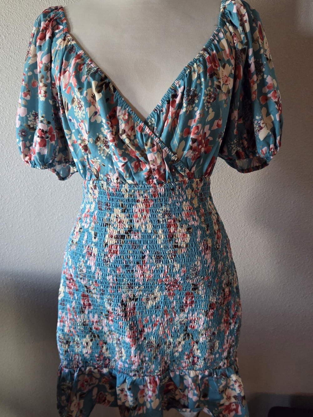NSR Teal Floral Smocked Mini Dress